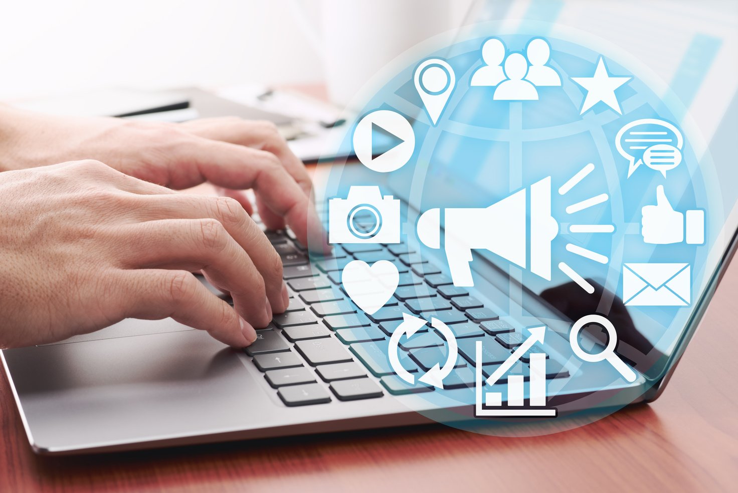 Digital marketing concept. Businessman accessing to social media.